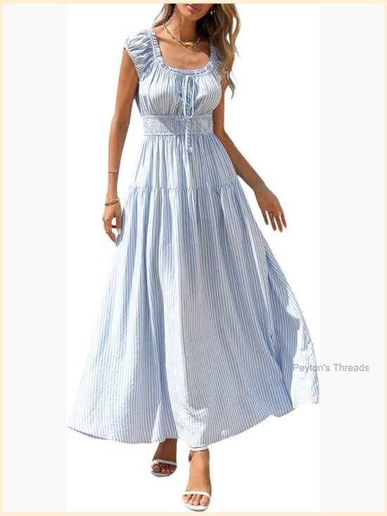 Dresses & Skirts - Boho Maxi Dress with Pockets Flowy Square Neck Cap Sleeve